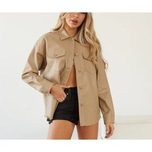 Vintage Havana Cream Tan Faux Leather Vegan Leather Oversized Shirt Jacket S